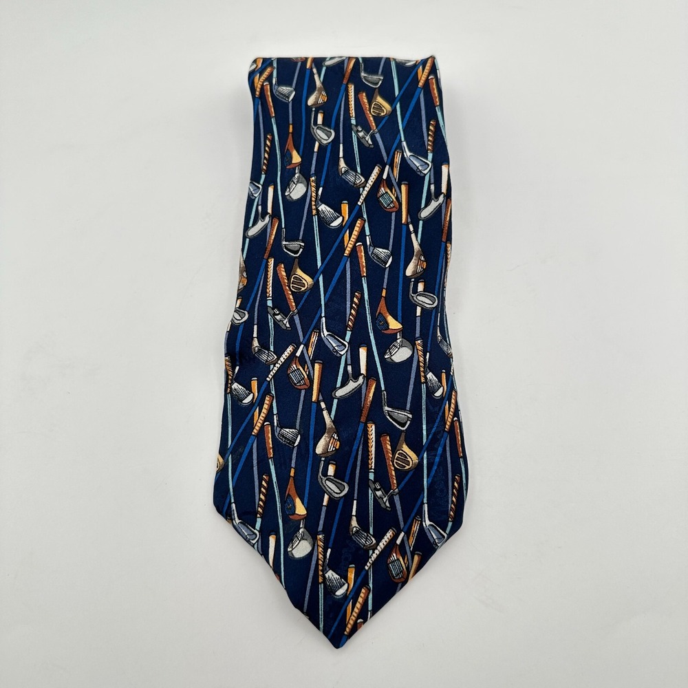 Vintage Nicole Miller Designer Silk Tie Blue Classic Golf Clubs Sports AOP 1997‎